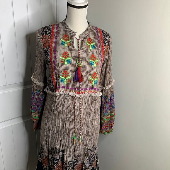Anthropologie Raga Boho Embroidered Maxi Dress Peasant Floral Tassel Cottagecore - Picture 2 of 7